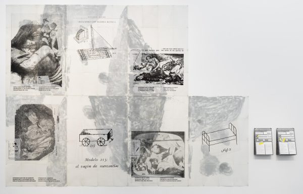 Seven black-and-white illustrations hang on a white wall. While some depict what appears to be images of violence, others show mundane objects like a bed, cart, and raft.
