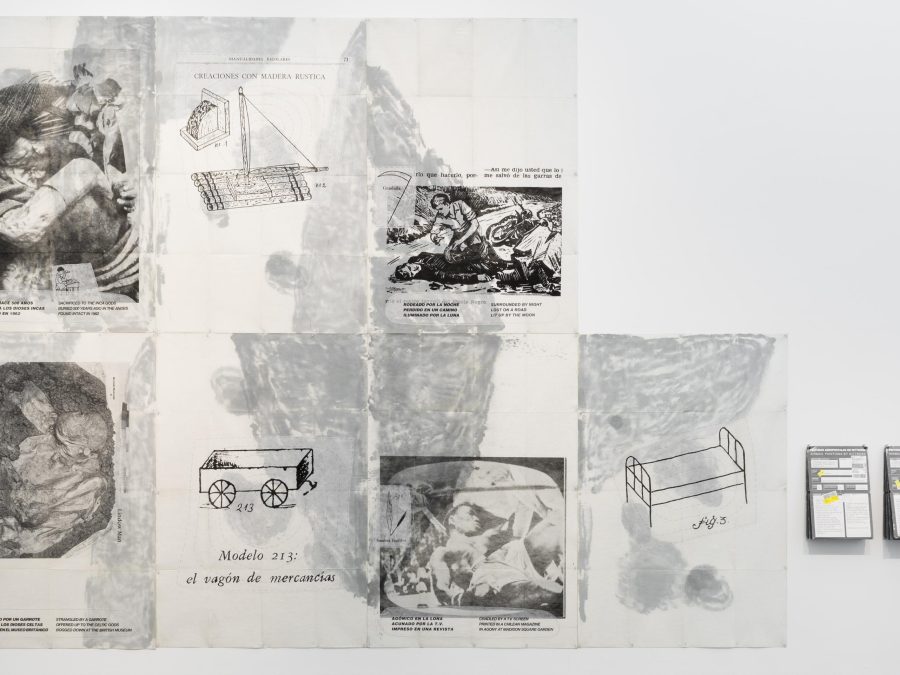 Seven black-and-white illustrations hang on a white wall. While some depict what appears to be images of violence, others show mundane objects like a bed, cart, and raft.