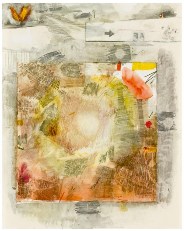 A square of warm, earthy scribbles of color is mounted on a background of gray similar smudges and scribbles.