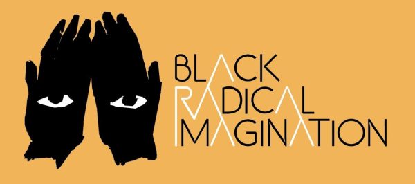 Logo for Black radical Imagination featuring the back of two black hands with eyes in the middle of them