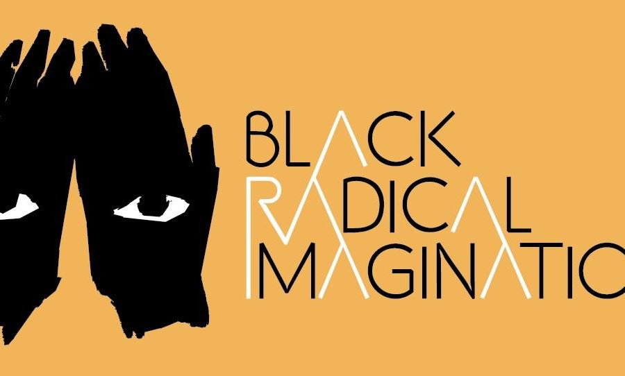 Logo for Black radical Imagination featuring the back of two black hands with eyes in the middle of them
