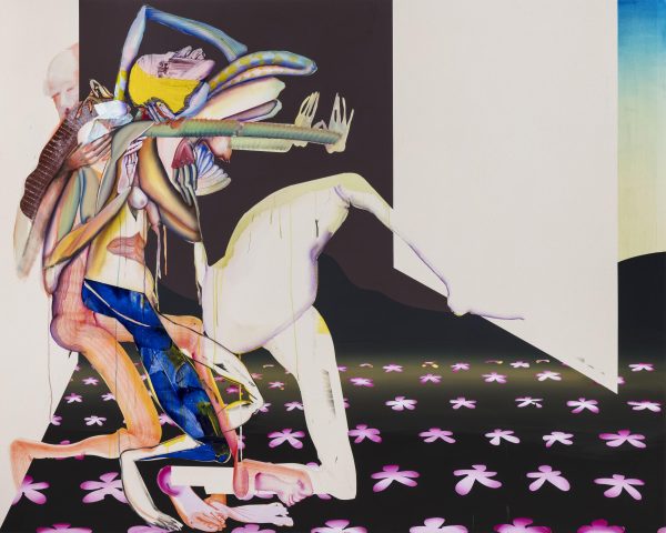A dynamic composition of many colors and patterns shows two humanoid figures that are complexly intertwined.