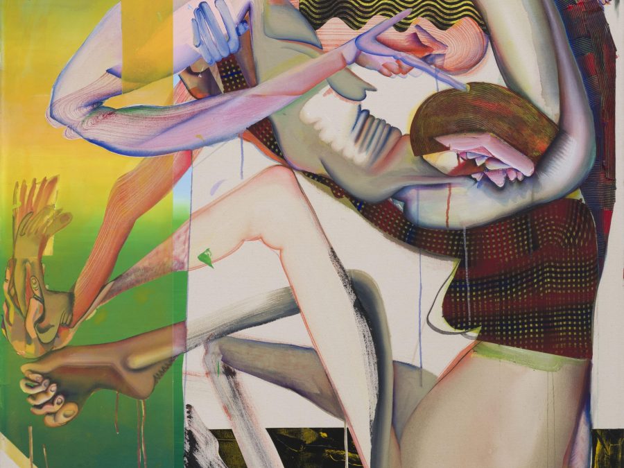 A dynamic composition of many colors and patterns shows two humanoid figures that are complexly intertwined.