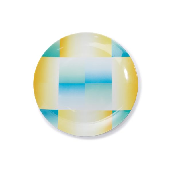 porcelain plate printed with square gradients of orange and turquoise