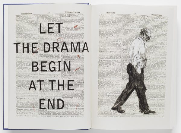 An open dictionary with black text over the left page reading Let the Drama Begin at the End and a drawing of a man posed in a walking position, his hands in his pockets on the right page.