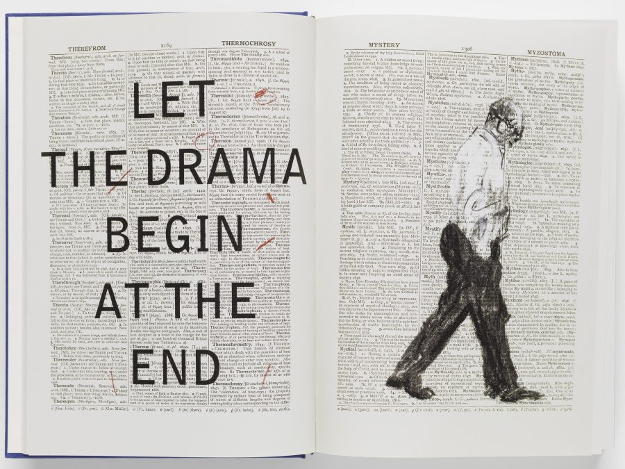 An open dictionary with black text over the left page reading Let the Drama Begin at the End and a drawing of a man posed in a walking position, his hands in his pockets on the right page.