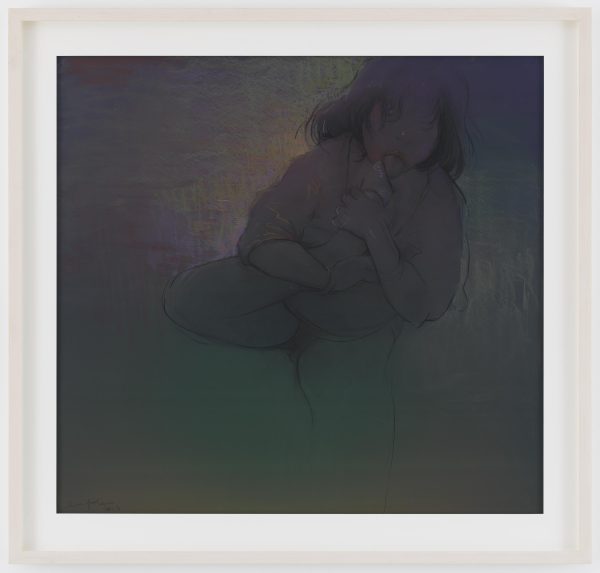 A very dark grey artwork with a just-visible illustration of a person standing on one leg with their right foot in their mouth