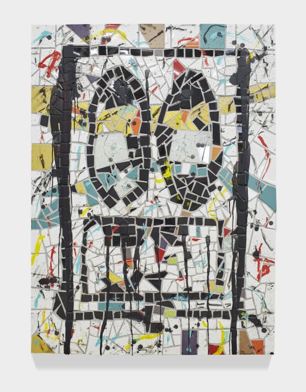A mosaic artwork uses muted tones including yellow, blue, red, and black. The black tiles create the general shape of a square, robot-like face.