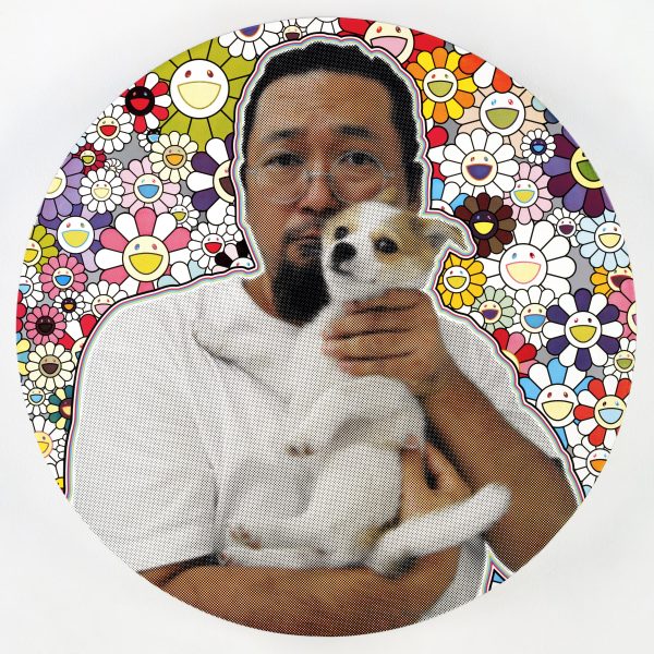 A dark-haired person with glasses and a goatee holds a small dog. Their photo appears against a background of vividly colored smiling daisies.