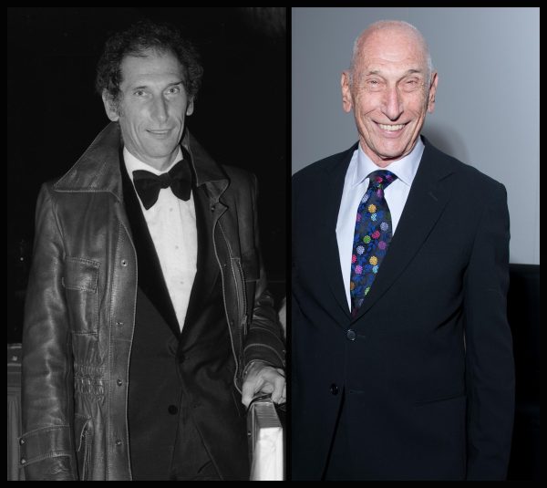 A side by side image of the same person several decades apart. The left photo shows a young man in a tuxedo and leather jacket; the right shows a smiling bald man wearing a suit