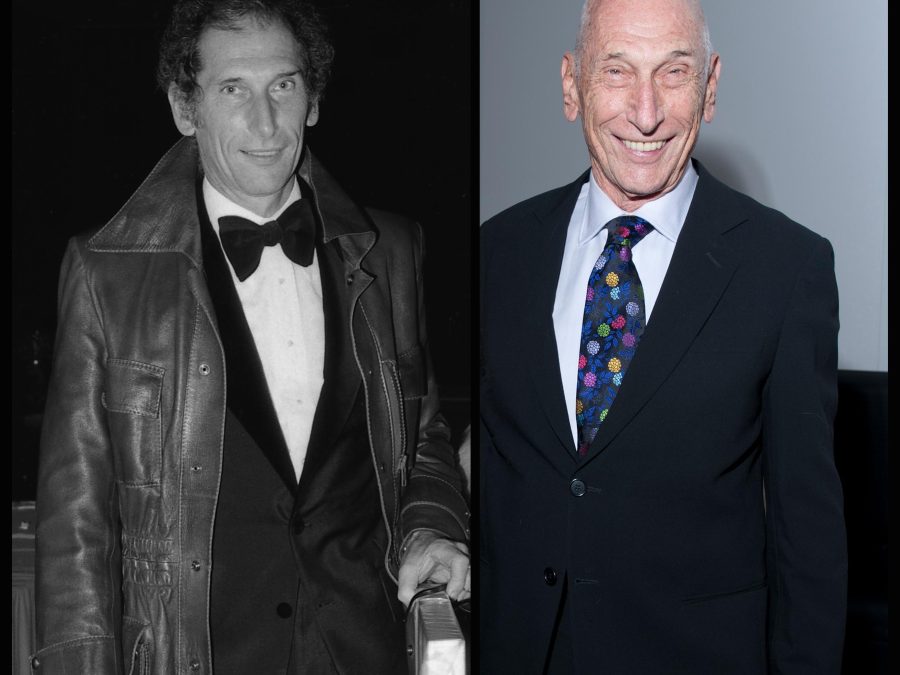 A side by side image of the same person several decades apart. The left photo shows a young man in a tuxedo and leather jacket; the right shows a smiling bald man wearing a suit