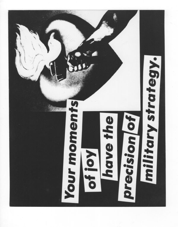 A black and white illustration of a hand carrying a lit torch accompanies the text Your moments of joy have the precision of military strategy. The entire image is flipped vertically so one must tilt their head to the left to view correctly.