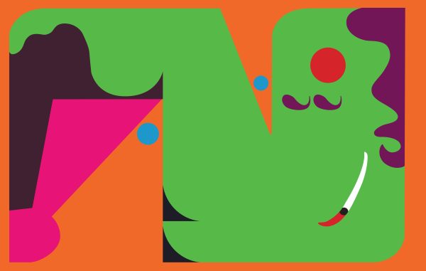 An abstracted group of curvy shapes is flatly rendered in vivid shades of green, purple, pink, red, and blue.