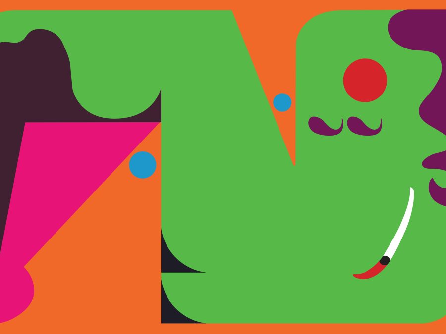 An abstracted group of curvy shapes is flatly rendered in vivid shades of green, purple, pink, red, and blue.