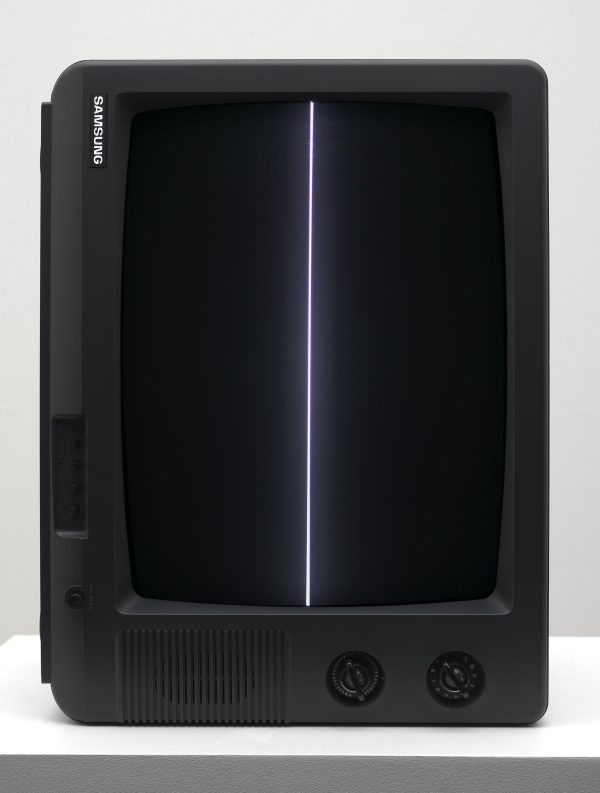 A TV turned on its side displaying a vertical white line against a black background, resembling the tv shut off effect