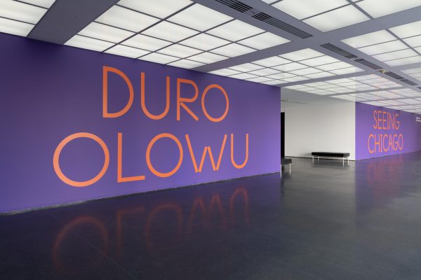 Two purple walls adjacent to an entryway with yellow text reading Duro Olowu on the closer wall and Seeing Chicago on the far wall