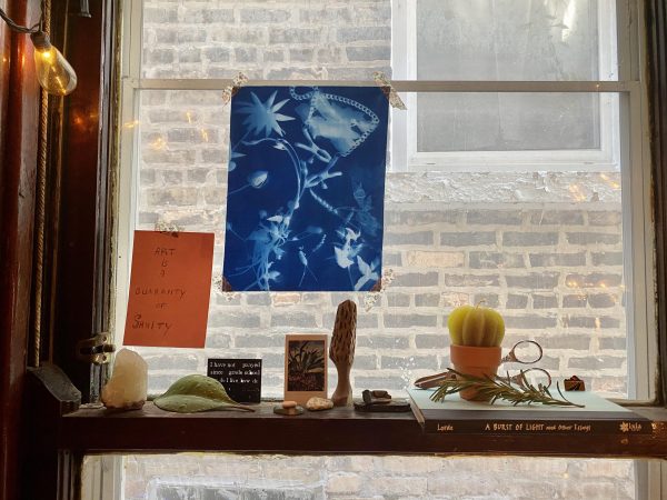 A variety of objects on a shelf next to a window with a pink sheet of paper and a cyanotype print taped to it