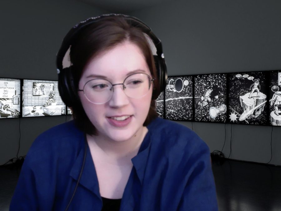 A person in headphones in front of a horizontal row of corresponding images, like a comic strip