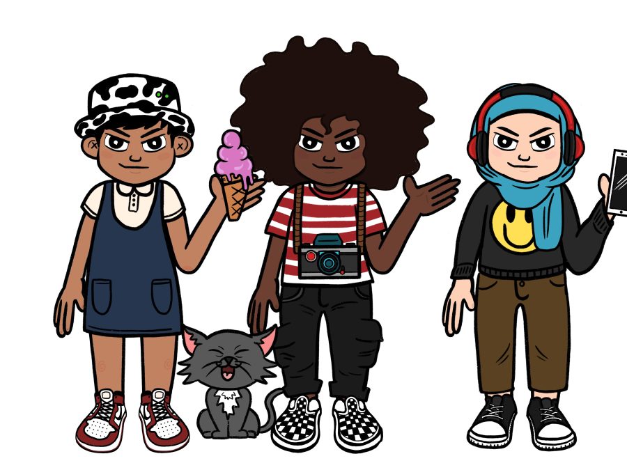 Illustration of three people holding up their left hands and a cat