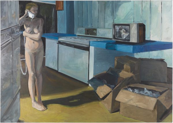 Painting of a nude female-presenting person leaning against a cupboard in a kitchen while holding a corded phone to their ear. Open packing boxes appear on the floor.