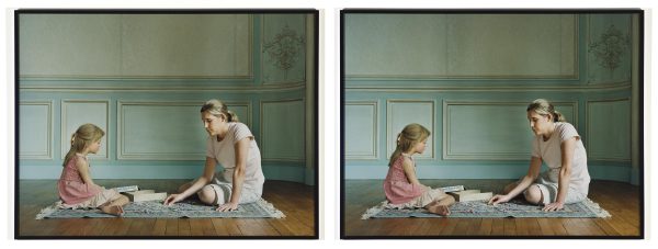 Two photos that look almost mirrored of a young child and an older adult sitting on the floor of a teal room