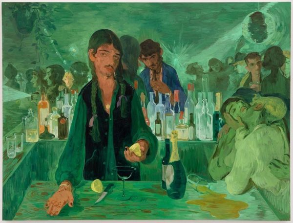 A green-tinted painting of a lively bar. In the foreground, a bartender holds a lemon in their left hand which they gesture towards a patron with.