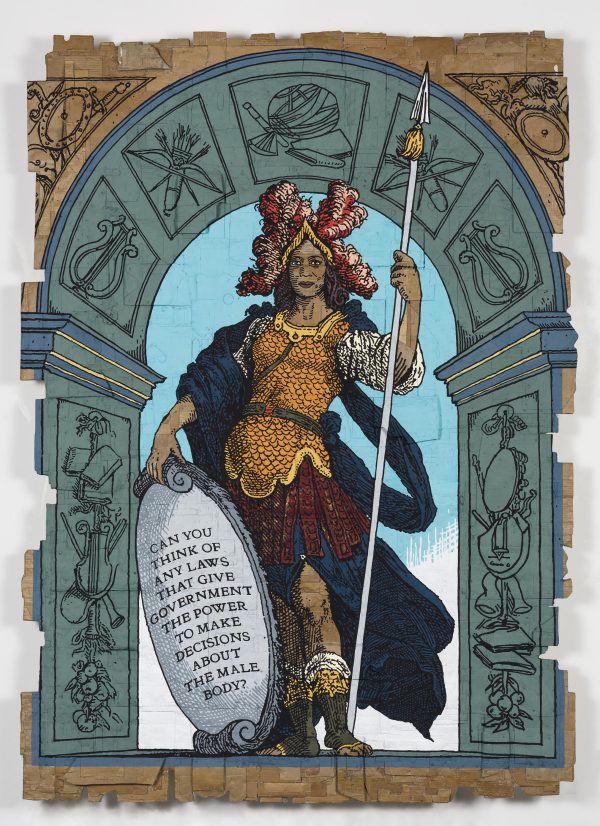 Illustration of a female dressed as a Roman Praetorian Guard in an archway holding a spear and shield that reads Can You Think of Any Laws that Give Government the Power to Make Decisions About the Male Body?
