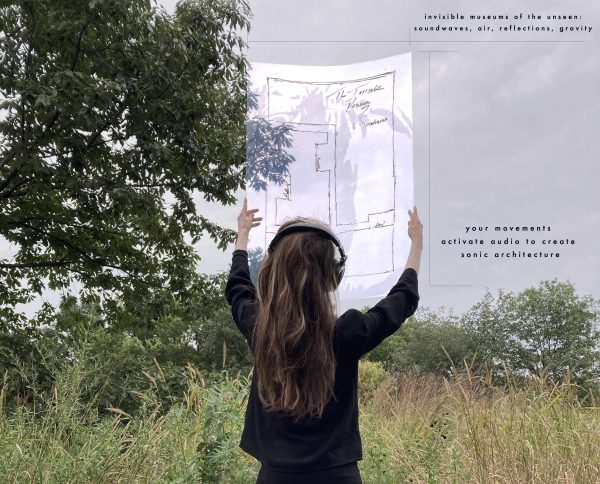 A person wearing headphones holds up a map to the sky in an outdoor setting. Text appears to the upper and bottom right of the map