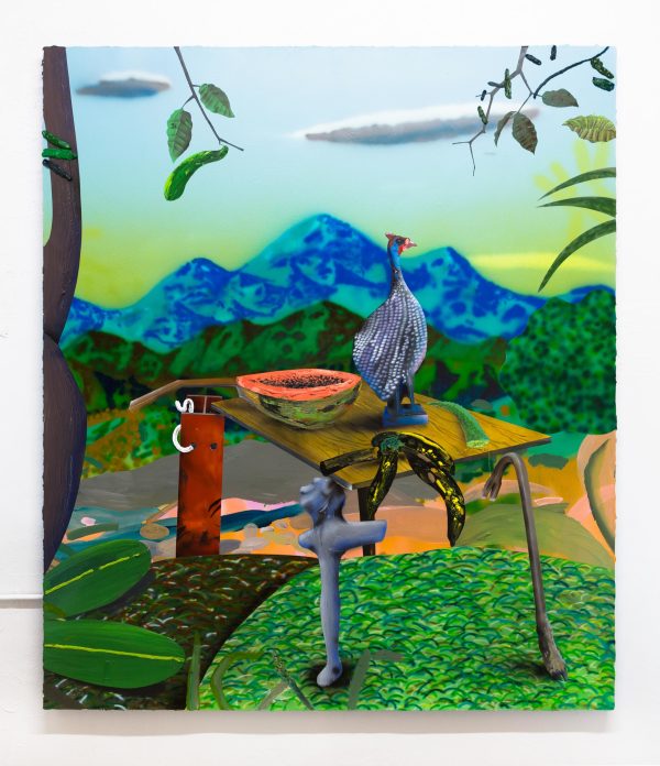 Painting of a verdant tropical landscape with a blueish mountain in the background. In the foreground a bird and string instrument rest on a makeshift table.