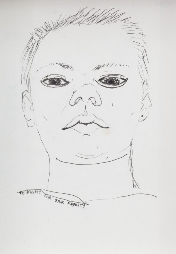 Line drawing of a person with short hair on a white piece of paper