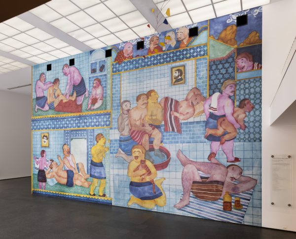 A wall mural depicting a bathhouse scene