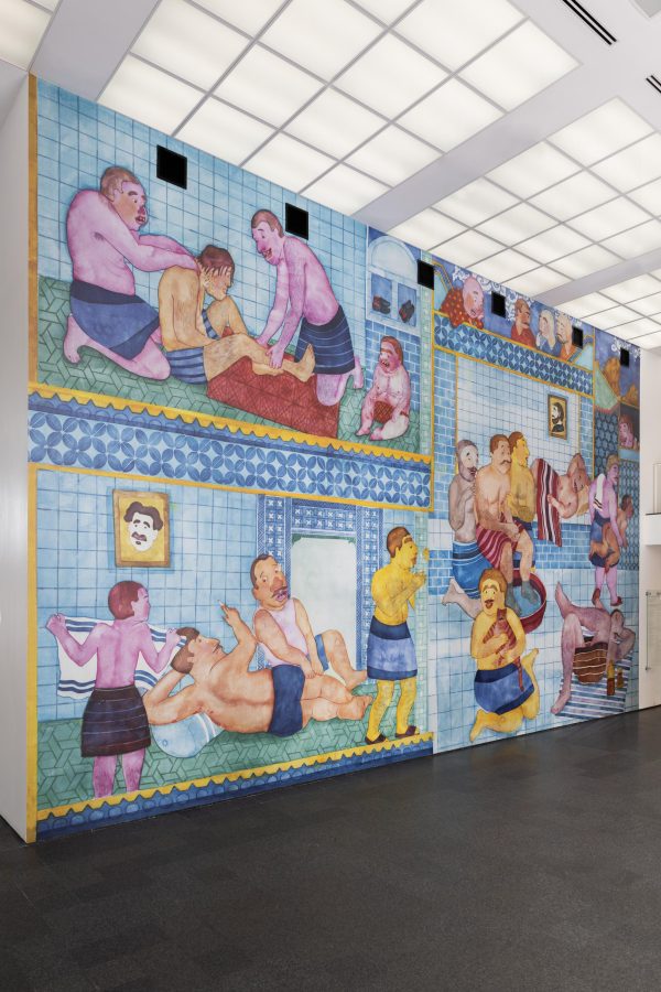 A wall mural depicting a bathhouse scene