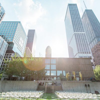 chairs set up for wedding in the sculpture garden