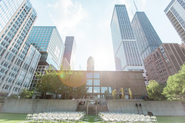 chairs set up for wedding in the sculpture garden