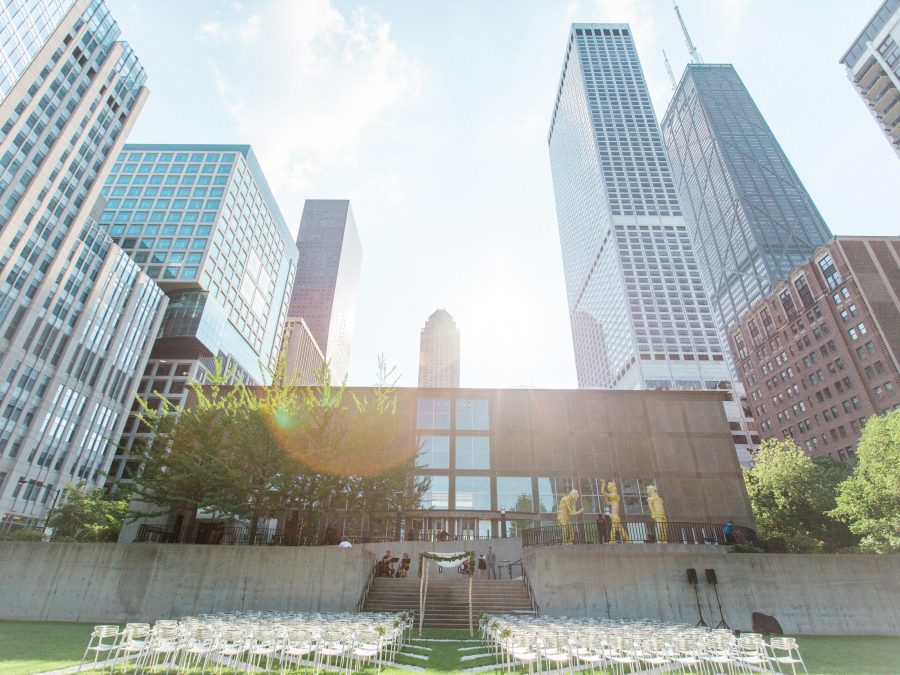chairs set up for wedding in the sculpture garden