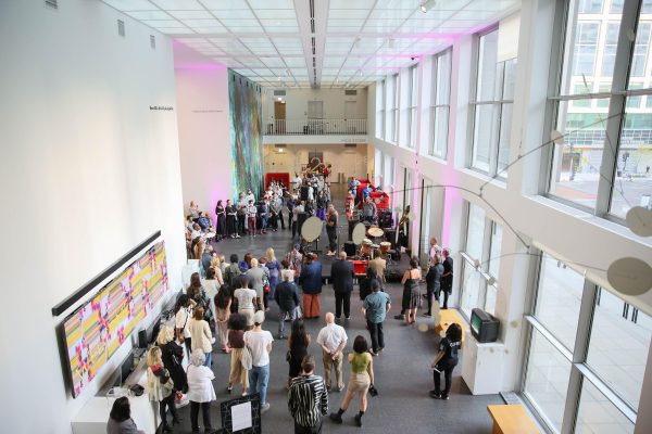view from above of a crowd gathered for an event