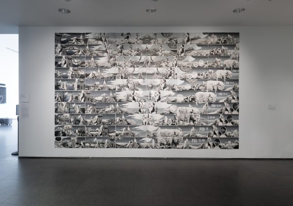 A greyscaled artwork featuring 60 panels of repeating, otherworldly imagery.