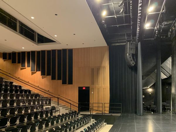 Partial view of stage and proscenium seats in a theater